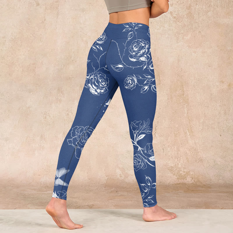 Blue Rose Butterfly Print Sports Leggings Women's Yoga Pants