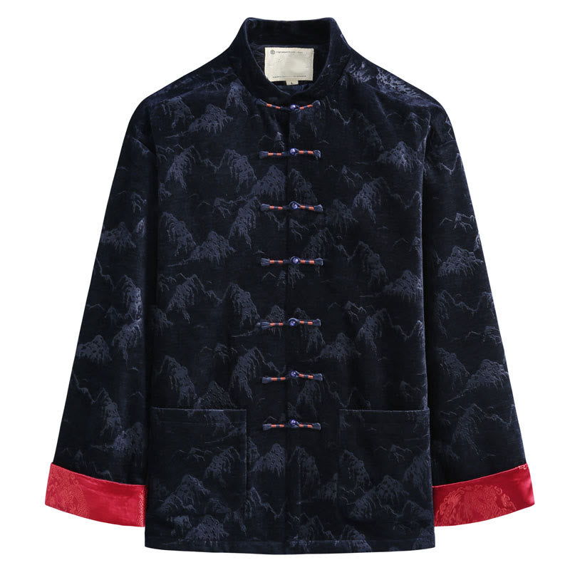 Chinese New Year Landscape Print Handmade Frog-button Tang Suit Men's Jacket Shirt With Pockets