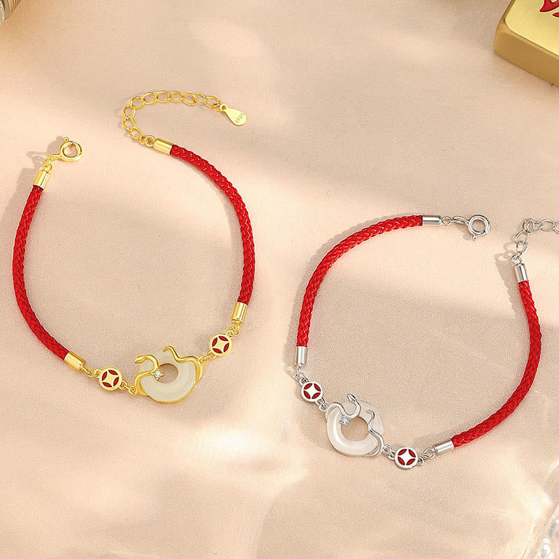 Hetian Jade Chalcedony Peace Buckle Coin 925 Sterling Silver Year Of The Snake Red String Prosperity Bracelet