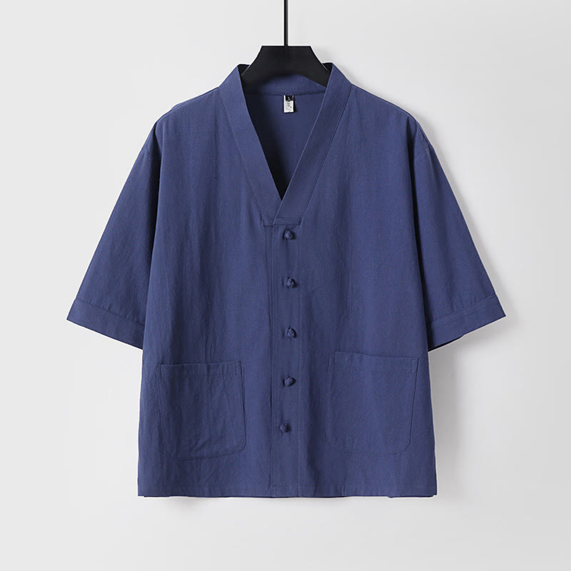 Casual Plain Color Three Quarter Sleeve Front Button Cotton Linen Men's Shirt With Pockets