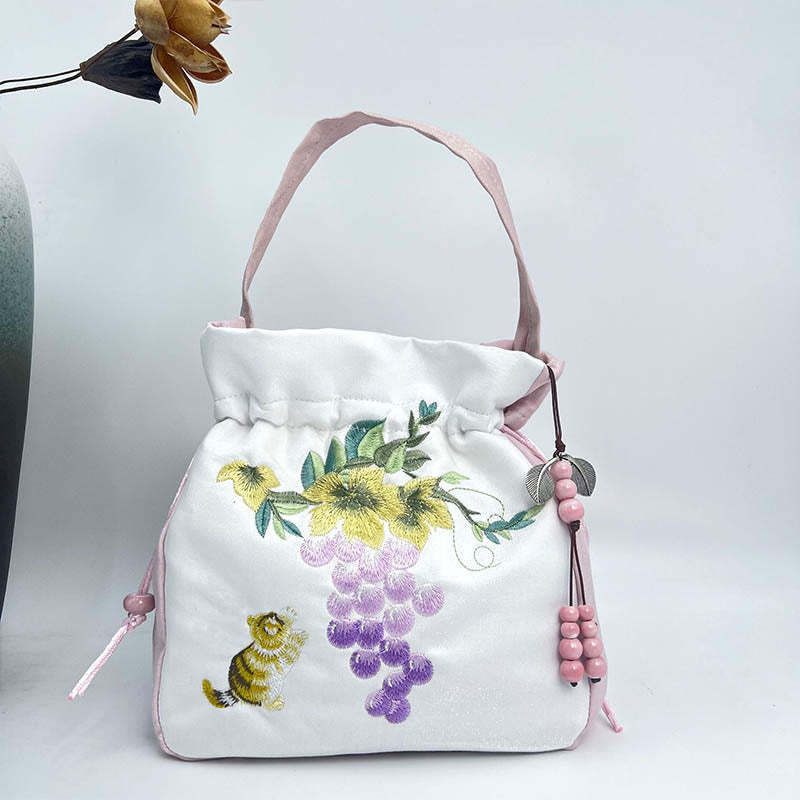 Embroidered Osmanthus Peony Grape Cat Cotton Linen Tote Crossbody Bag Shoulder Bag Handbag
