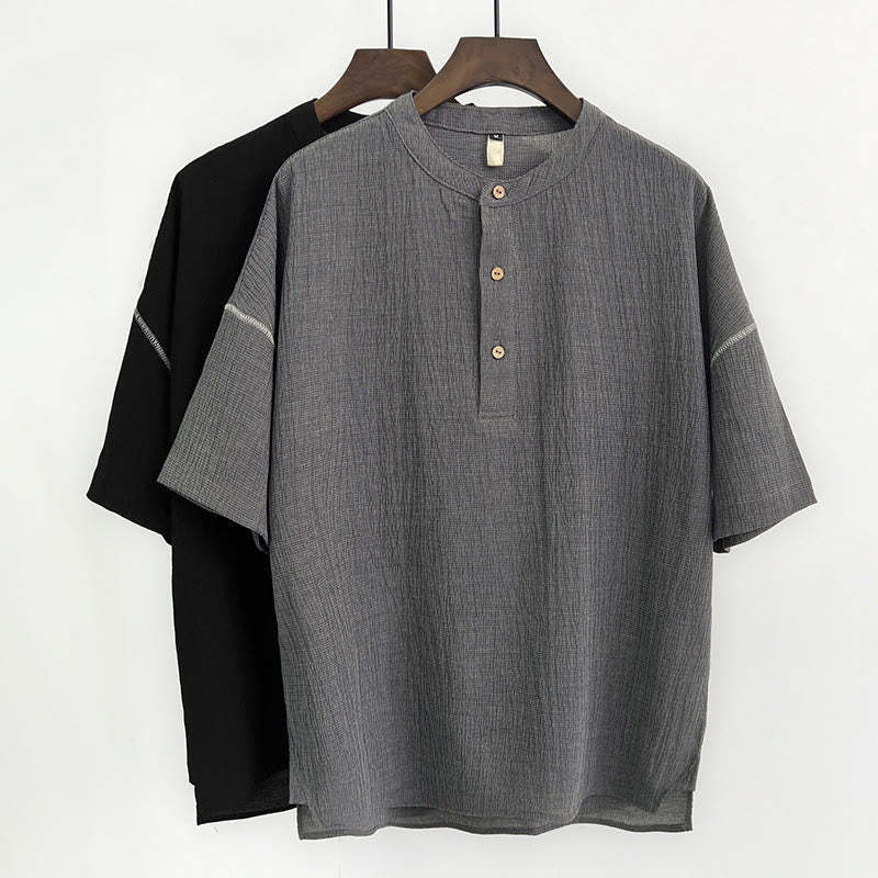 Summer Solid Color Men Short Sleeve Button Shirt