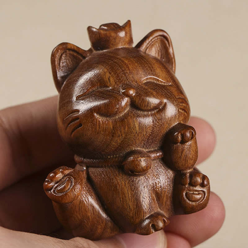 Mini Green Sandalwood Ingot Lucky Cat Carved Peace Desk Decorations