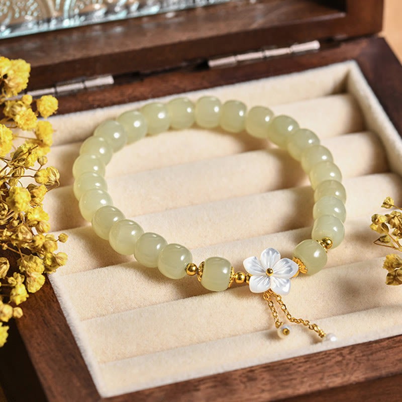 925 Sterling Silver Natural Hetian Jade Luck Flower Bracelet