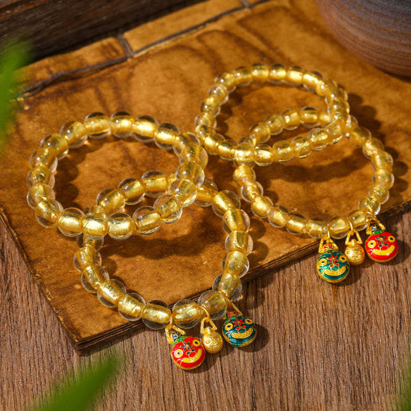 Gold Swallowing Beast Family Charm Gold Foil Liuli Glass Bead Fortune Bracelet