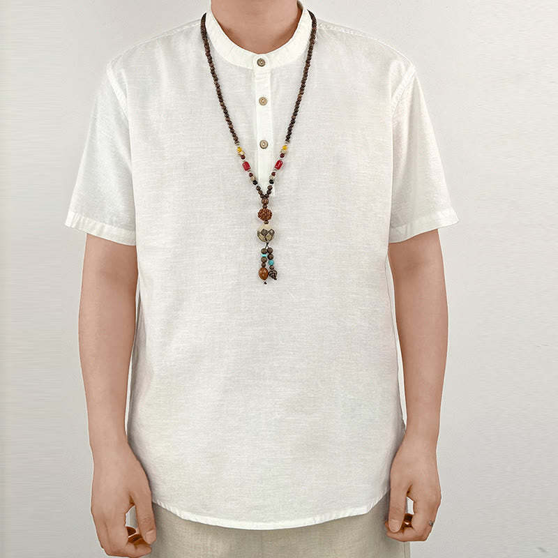 Solid Color Men Short Sleeve Button Linen Shirt
