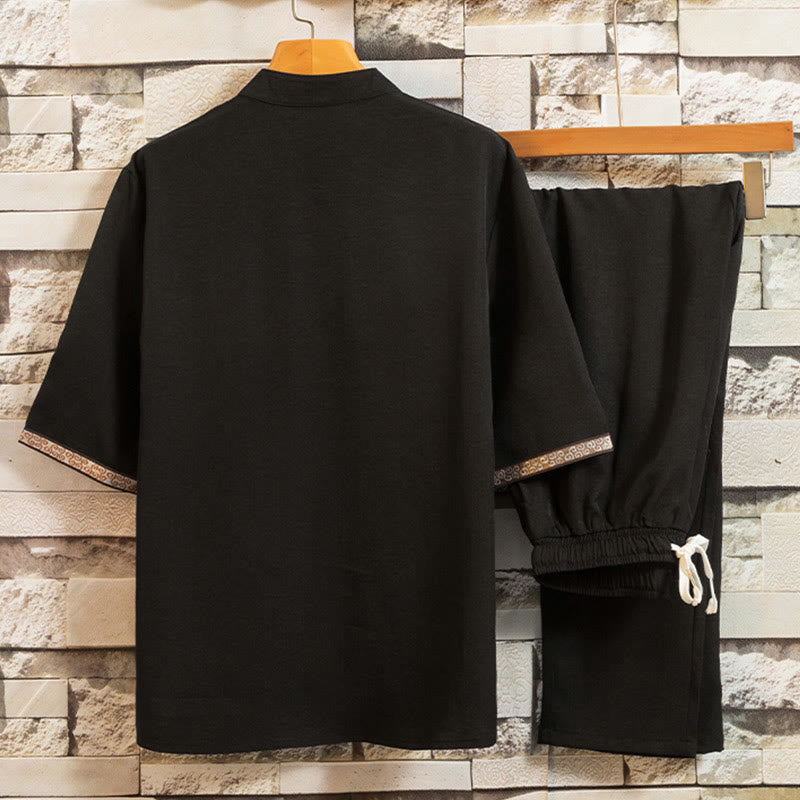 2Pcs Tree Pattern Cotton Linen Frog-Button Short Sleeve Shirt Pants Men's Set