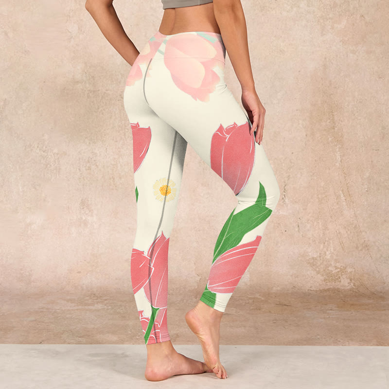 Pink Tulip Flower Print Gym Fitness Leggings Women's Yoga Pants