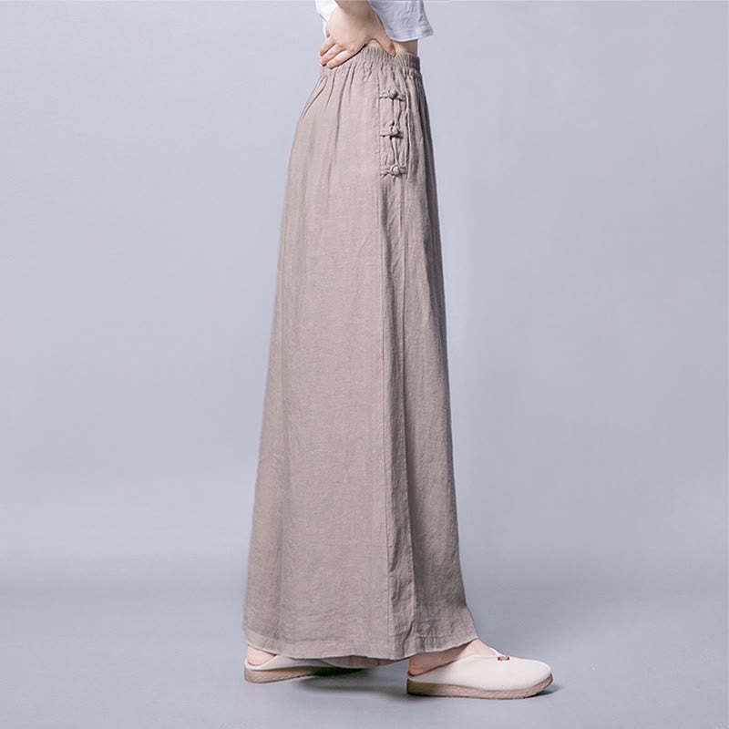 Casual Cotton Frog-Button High Waist Wide Leg Pants With Pockets