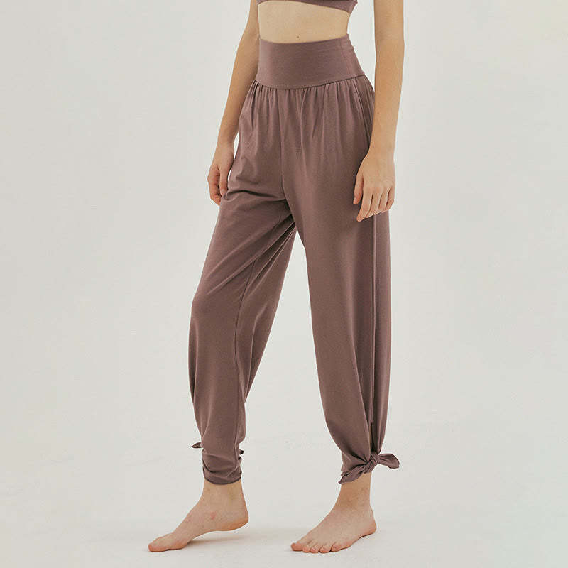 Casual Loose Tie-down Hem Plain High Waist Women's Leica Pants With Pockets