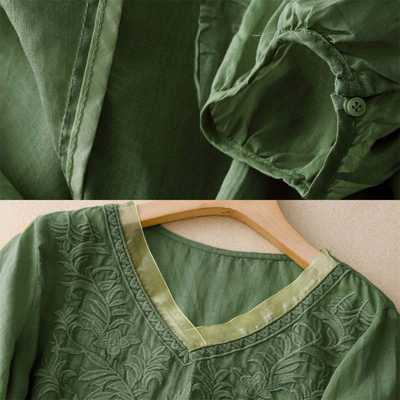 Vintage Casual Pure Leaf Embroidery V-Neck Half Sleeve Cotton Linen Women's T-Shirt