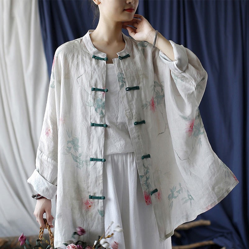 White Red Flowers Green Leaves Frog-Button Long Sleeve Ramie Linen Jacket Shirt