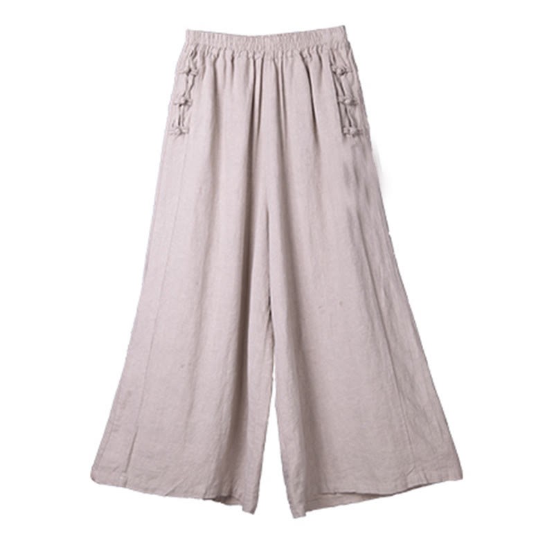 Casual Cotton Frog-Button High Waist Wide Leg Pants With Pockets