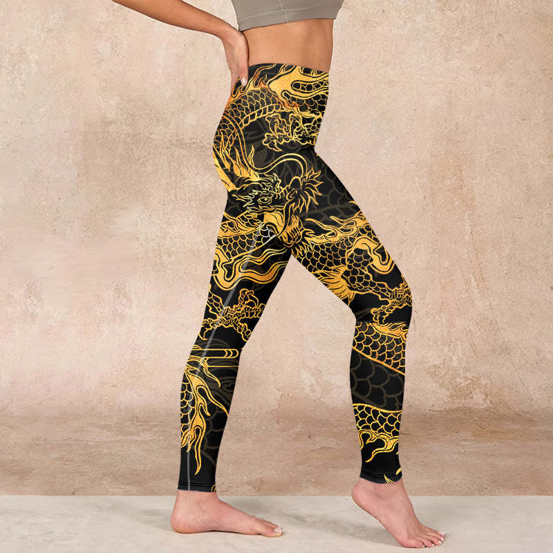 Golden Dragon Print Gym Leggings Women's Yoga Pants