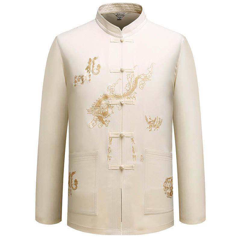 Chinese New Year Embroidered Dragon Frog-button Tang Suit Hanfu Traditional Uniform Long Sleeve Top Pants Clothing Men's Set