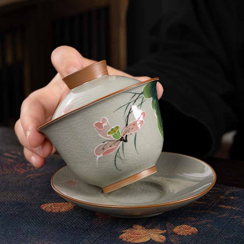 Lotus Koi Fish Pod Leaf Ceramic Gaiwan Sancai Teacup Kung Fu Tea Cup And Saucer With Lid 140ml