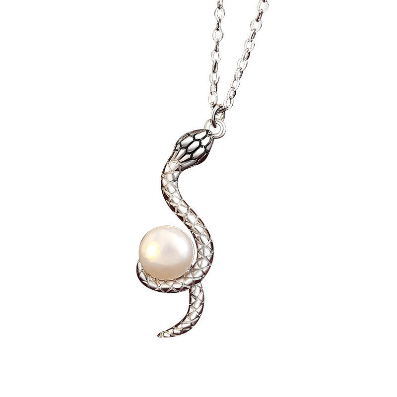 925 Sterling Silver Snake Around Pearl Year Of The Snake Blessing Necklace Pendant