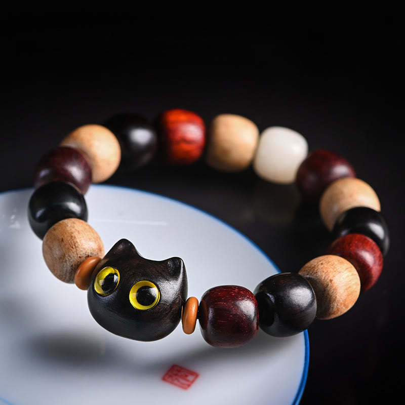 Small Leaf Red Sandalwood Ebony Wood Cute Cat Engraved Protection Bracelet