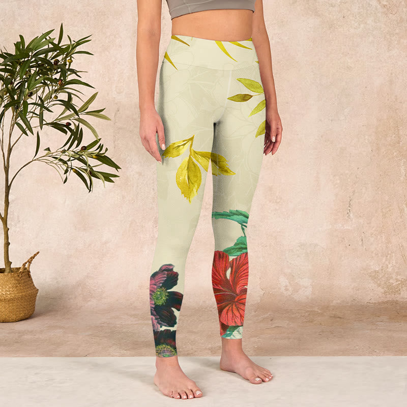 Golden Green Leaves Colorful Flowers Gym Leggings Women's Yoga Pants