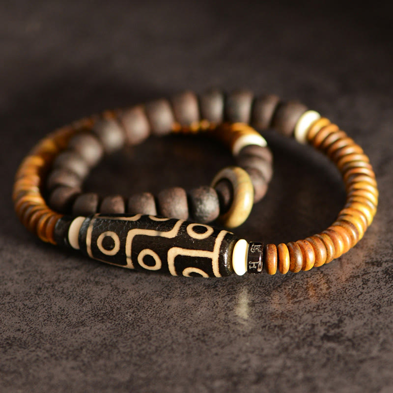 Tibetan Nine-Eye Dzi Bead Green Sandalwood Ebony Wood Peace Double Wrap Bracelet