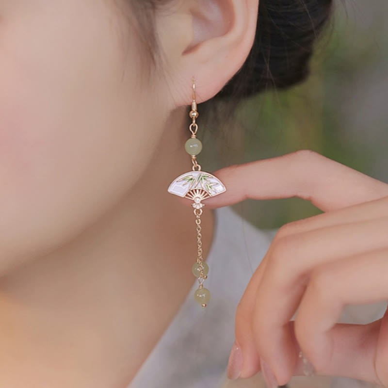 14K Gold Filled Copper Jade Fan Bamboo Abundance Earrings