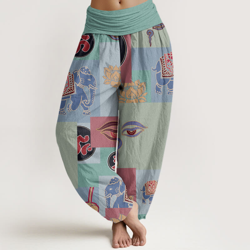 Casual Elephant Lotus mystic zen's Eye Collage Pattern Women's Elastic Waist Harem Pants