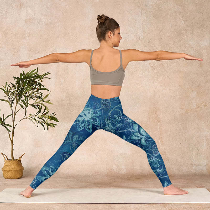 Blue Flowers Print Sports Fitness Leggings Women's Yoga Pants