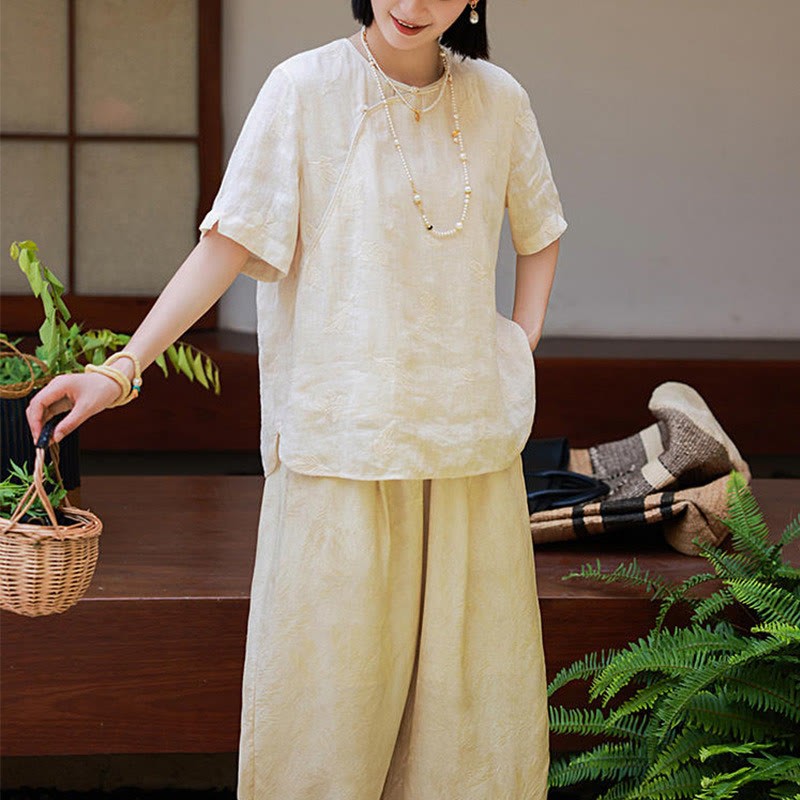 Ramie Linen Loose Blouse Short Sleeve Shirt Chinese Style Top