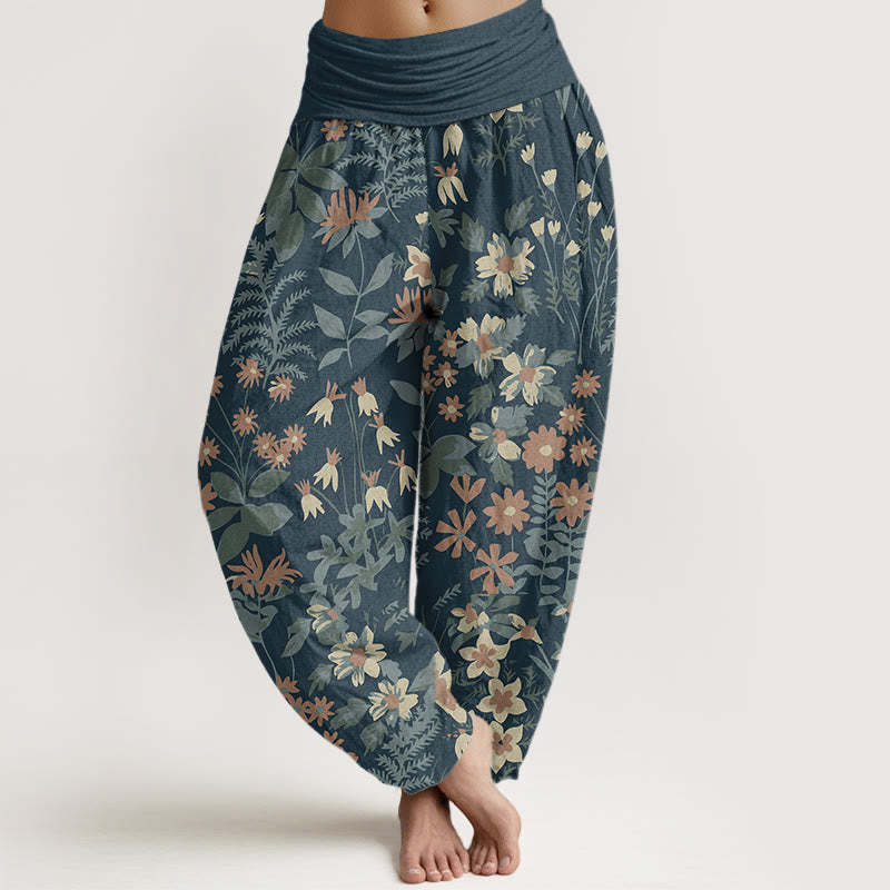 Casual Daisy Flowers Leaves Design Women's Elastic Waist Harem Pants