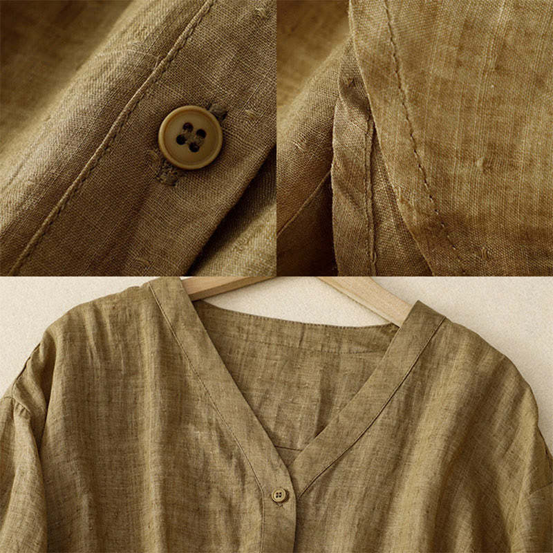 Spring Plain Button Half Puff Sleeve Waisted V-Neck Cotton Linen Women's Shirt