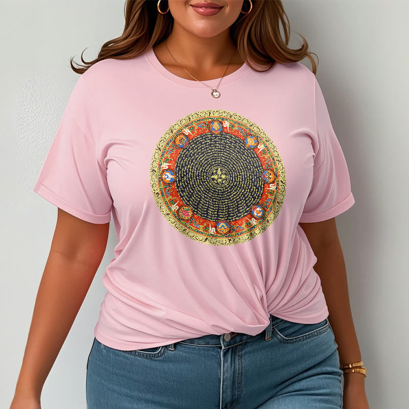 Circular Om Mani Padme Hum Eight Auspicious Symbols Cotton Tee T-shirt