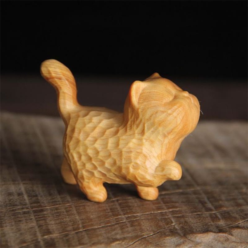 Mini Thuja Sutchuenensis Boxwood Cute Cat Kitten Carved Prosperity Decoration