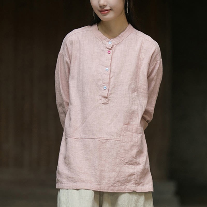 Solid Color Long Sleeve Ramie Linen Half Button Women's Shirt