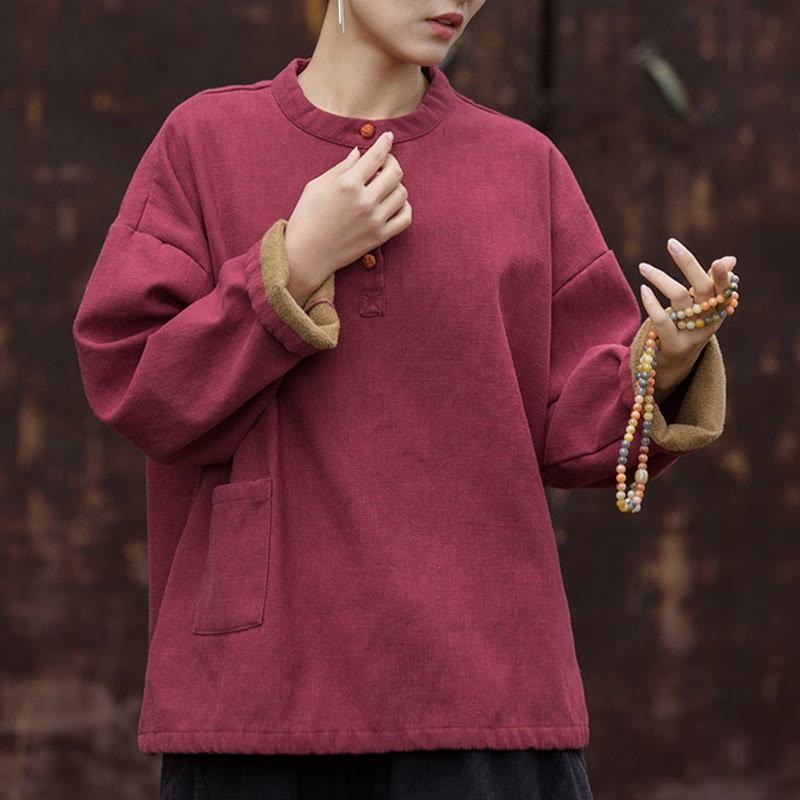 Retro Solid Color Thermal Long Sleeve Ramie Linen Women's Shirt