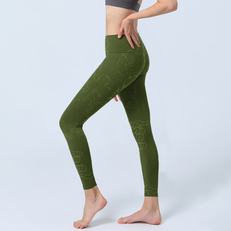 Green Auspicious Cloud Waves Print Gym Leggings Women's Yoga Pants