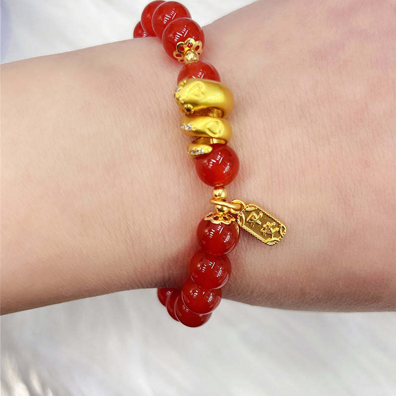 Red Agate Gold Plated Copper Peace And Joy Safe Plate Year of the Snake Confidence Bracelet