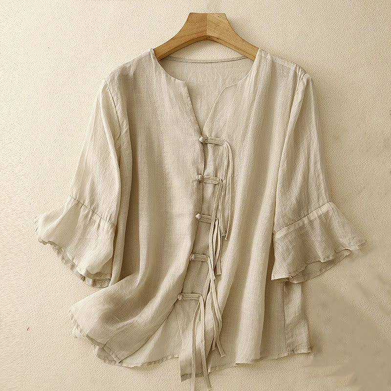 Casual Women's V-Neck Design Half Bell Sleeve Cotton Linen Cardigan Shirt