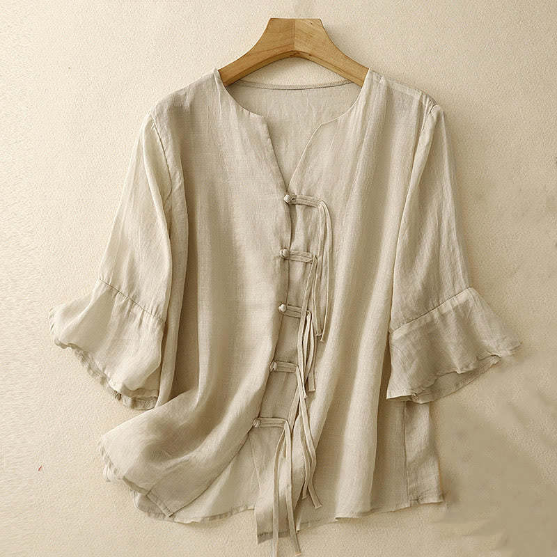 Casual Women's V-Neck Design Half Bell Sleeve Cotton Linen Cardigan Shirt