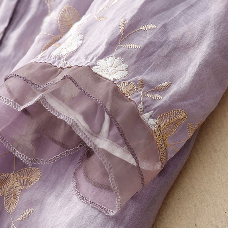 Casual Embroidered Petals Spliced Organza Women's Crew Neck Design Half Sleeve Cotton Cardigan Shirt