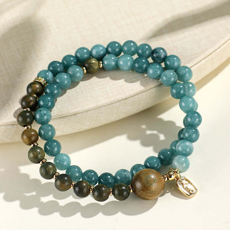 Blue Chalcedony Green Sandalwood Small Leaf Red Sandalwood Double Wrap Emotional Balance Bracelet