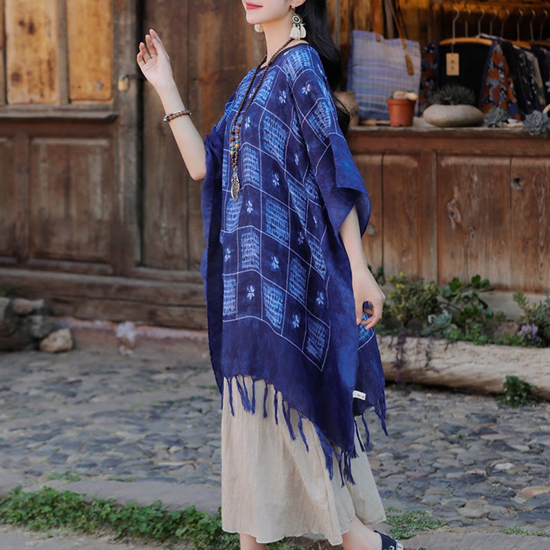 Blue Color Block Plaid Shawl Tassels Soft Pullover 90*95cm