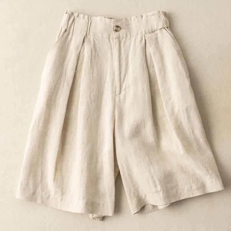 Casual Solid Color Button Zipper Cotton Linen Women's Shorts With Pockets