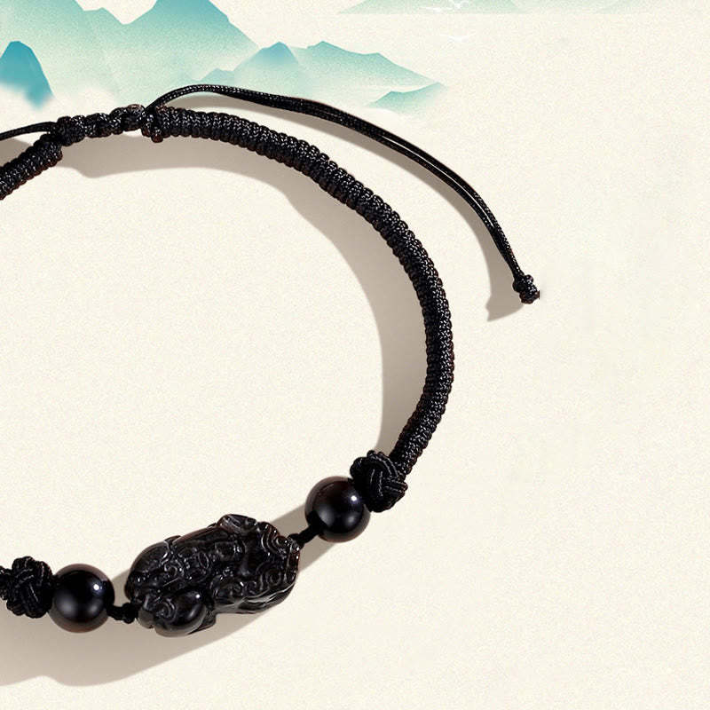 Handmade Natural Silver Sheen Obsidian Strawberry Quartz PiXiu Protection Braided Bracelet