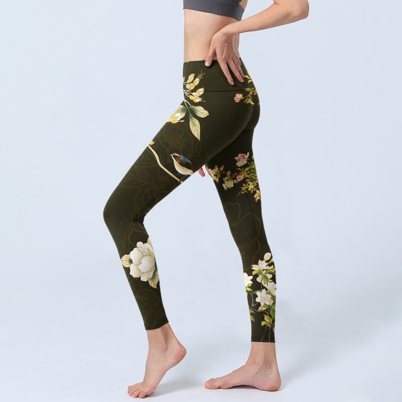 Black Magnolia Flowers Print Gym Leggings Women's Yoga Pants