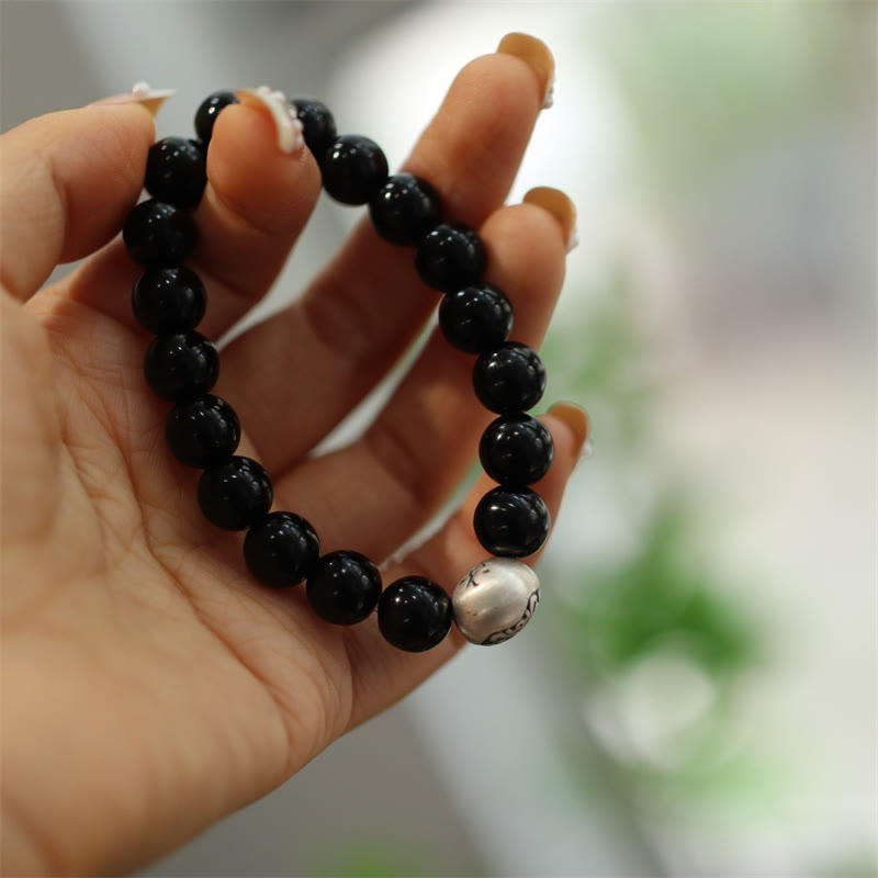 925 Sterling Silver Black Onyx Bead Character Engraved Protection Bracelet