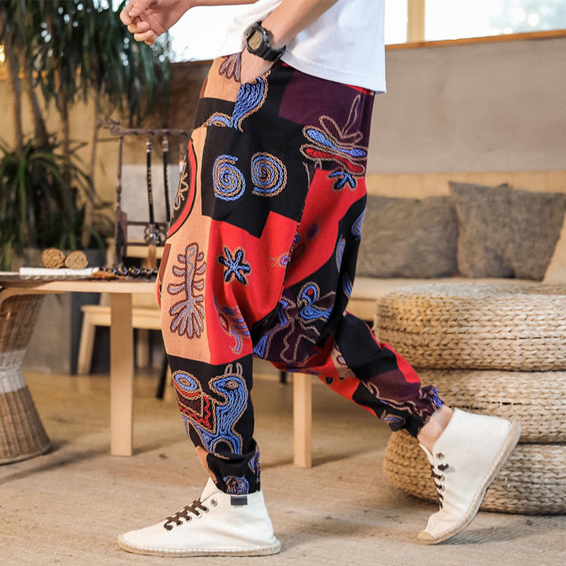 Grid Flower Print Cotton Men's Harem Pants With Pockets