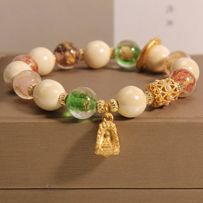 Tibetan Multicolored Liuli Glass Bead mystic zen Lotus Charm Enlightenment Bracelet