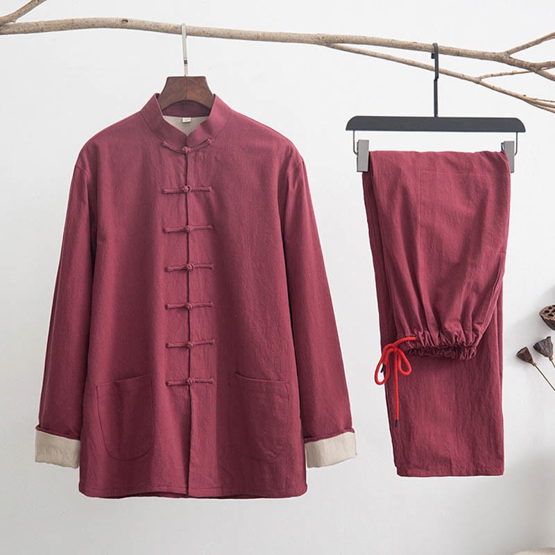 2Pcs Zen Tang Suit Men's Linen Frog-Button Long Sleeve Shirt Pants Set