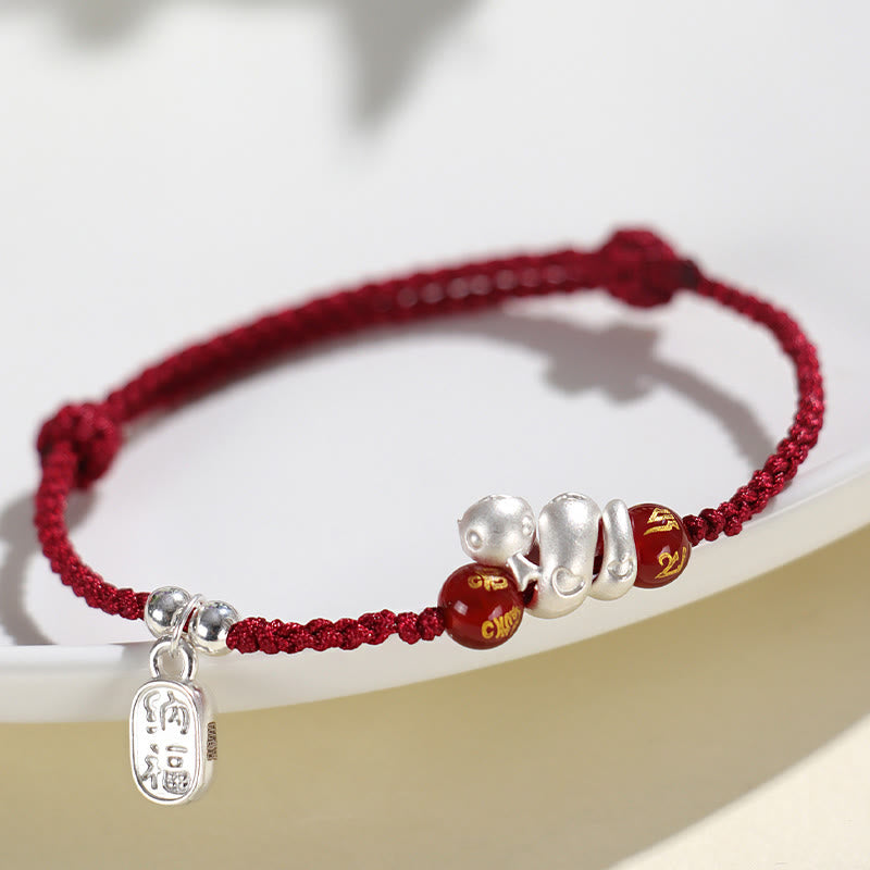 999 Sterling Silver Year Of The Snake Red Agate Black Onyx Lucky Fortune Six True Words Happiness Braided Bracelet