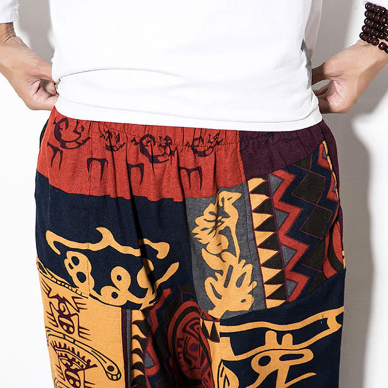 Red Brown Graffiti Bird Print Cotton Men's Harem Pants With Pockets
